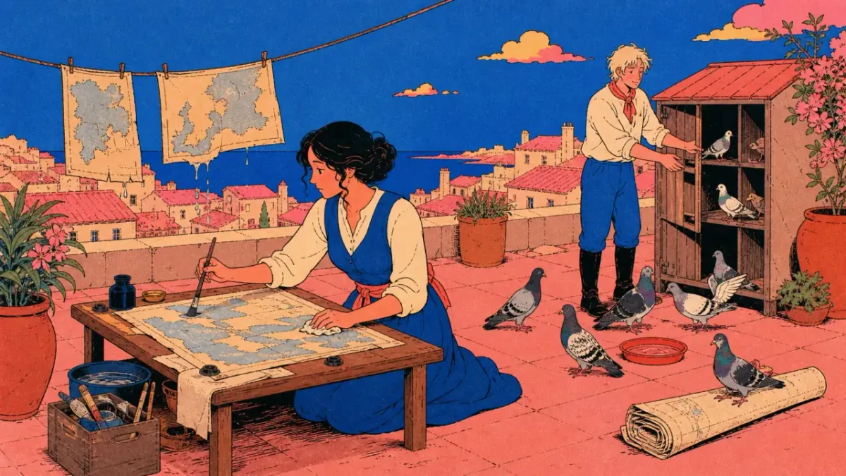 Mara restores a damp map on a rooftop while her brother tends racing pigeons