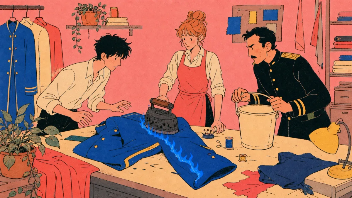 A blue flame runs along a courier coat as Lysa, Teren, and Captain Venn gather around the repair table