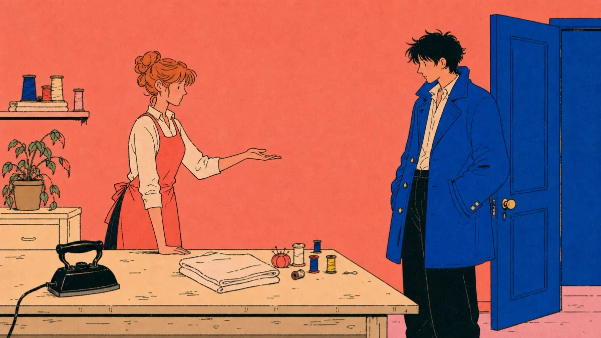 Lysa holds out her hand while Teren refuses to remove the blue courier coat
