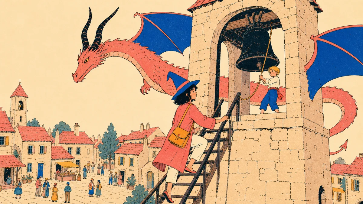 Tamsin in a tall blue hat climbs a bell tower while a coral dragon coils above and townspeople watch from the square
