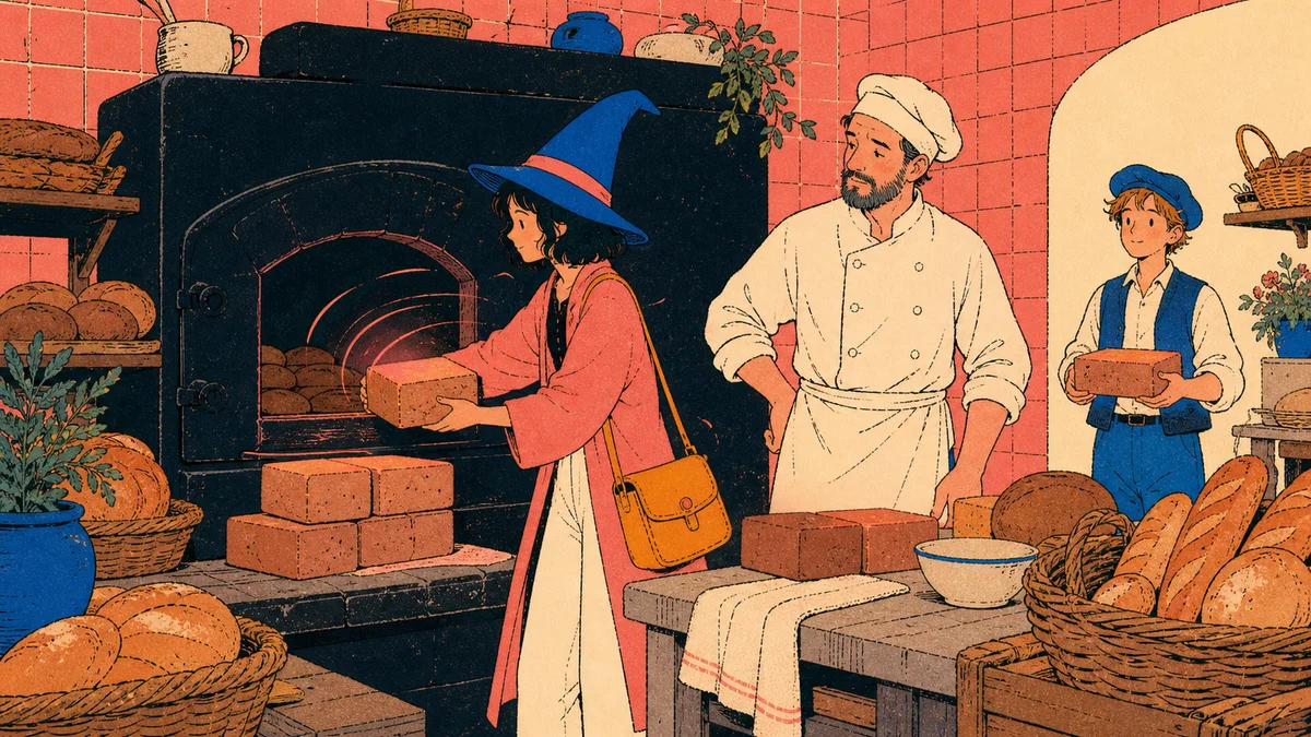 Tamsin, a dark-haired wizard in a tall blue hat and coral robe, moves heat from a bakery oven into clay bricks
