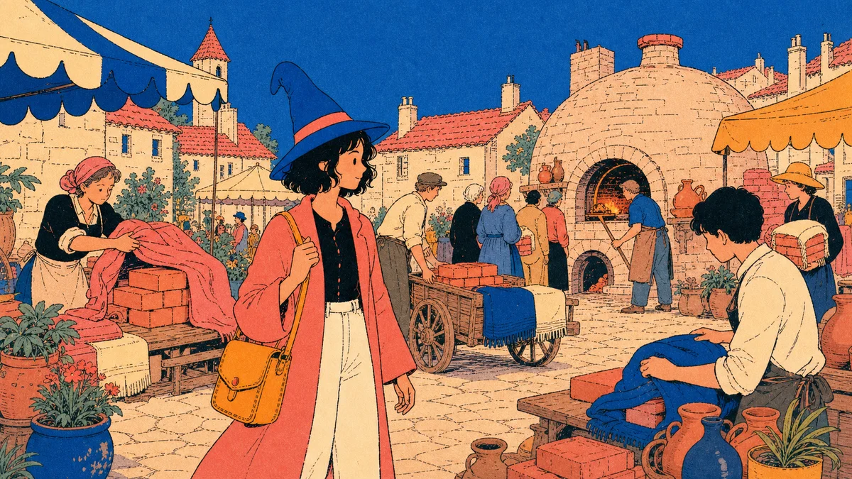 Tamsin in her blue hat crosses a busy fantasy market where townspeople carry warm clay bricks from a public oven