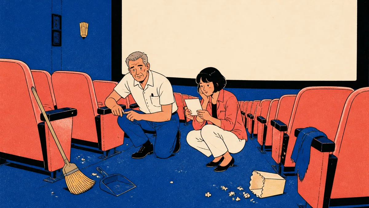 A cinema worker and young volunteer examine a loose theater-seat armrest in an empty auditorium after a screening