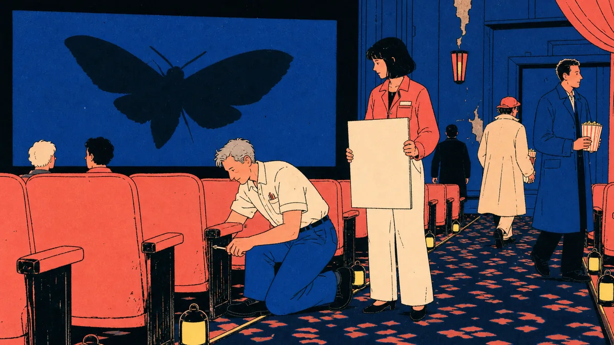 A gray-templed cinema worker tightens a coral theater seat while a young volunteer and several patrons stand nearby