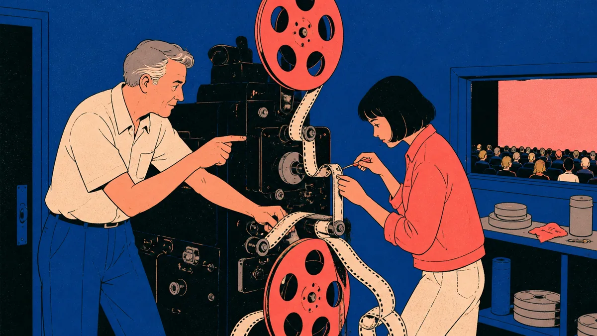 A gray-templed projectionist guides a young volunteer repairing a film reel inside an old cinema booth