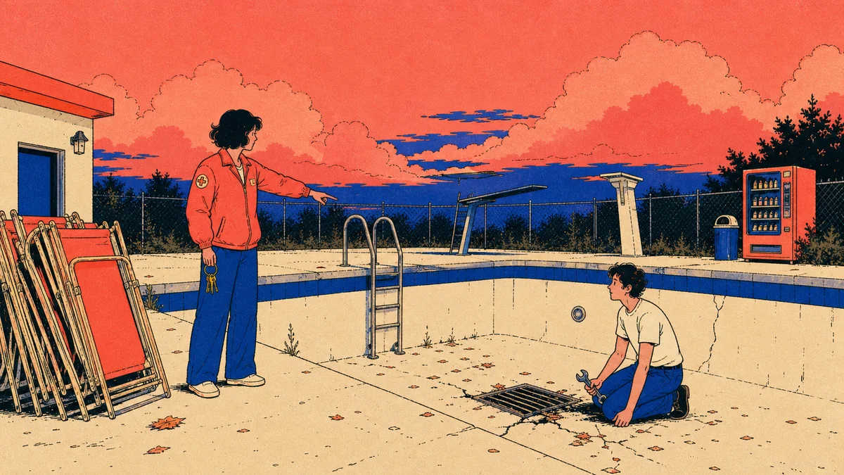 June gestures from the pool deck while Eli kneels beside a grate in the drained pool as storm clouds approach