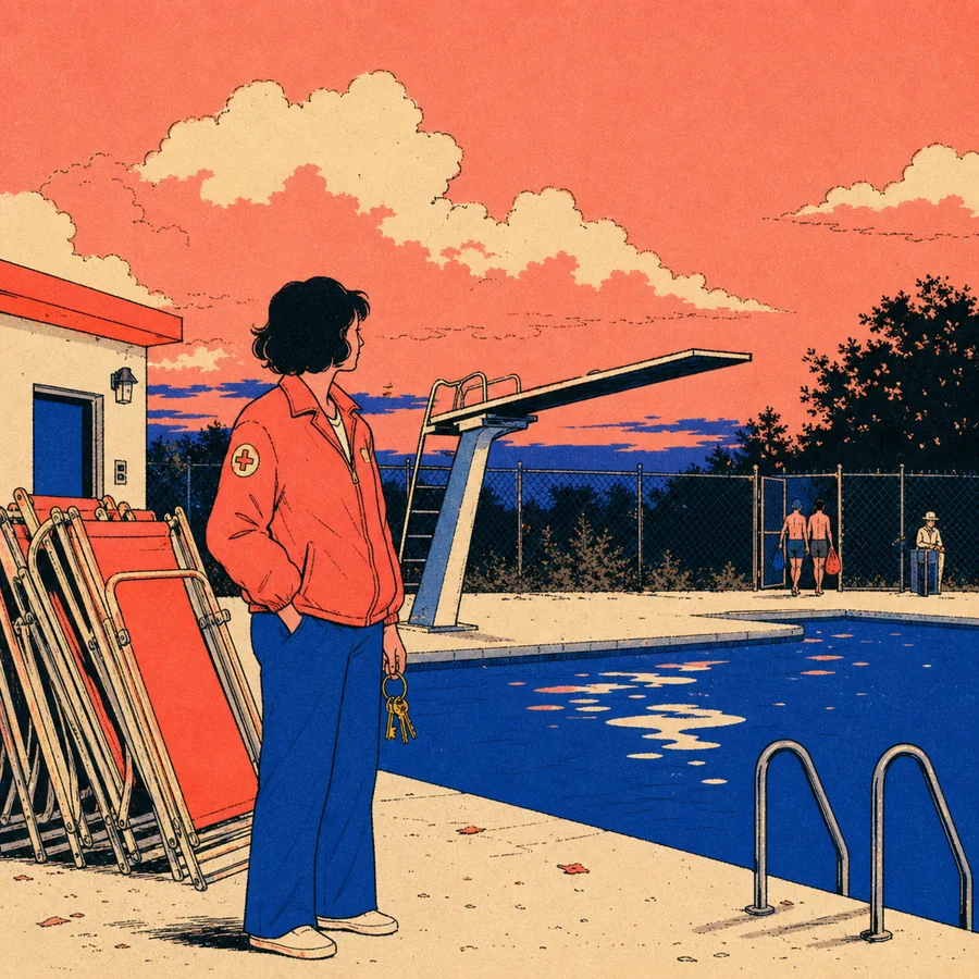 A dark-haired pool manager with brass keys stands beside a public pool, folded chairs, and a crooked diving board at dusk