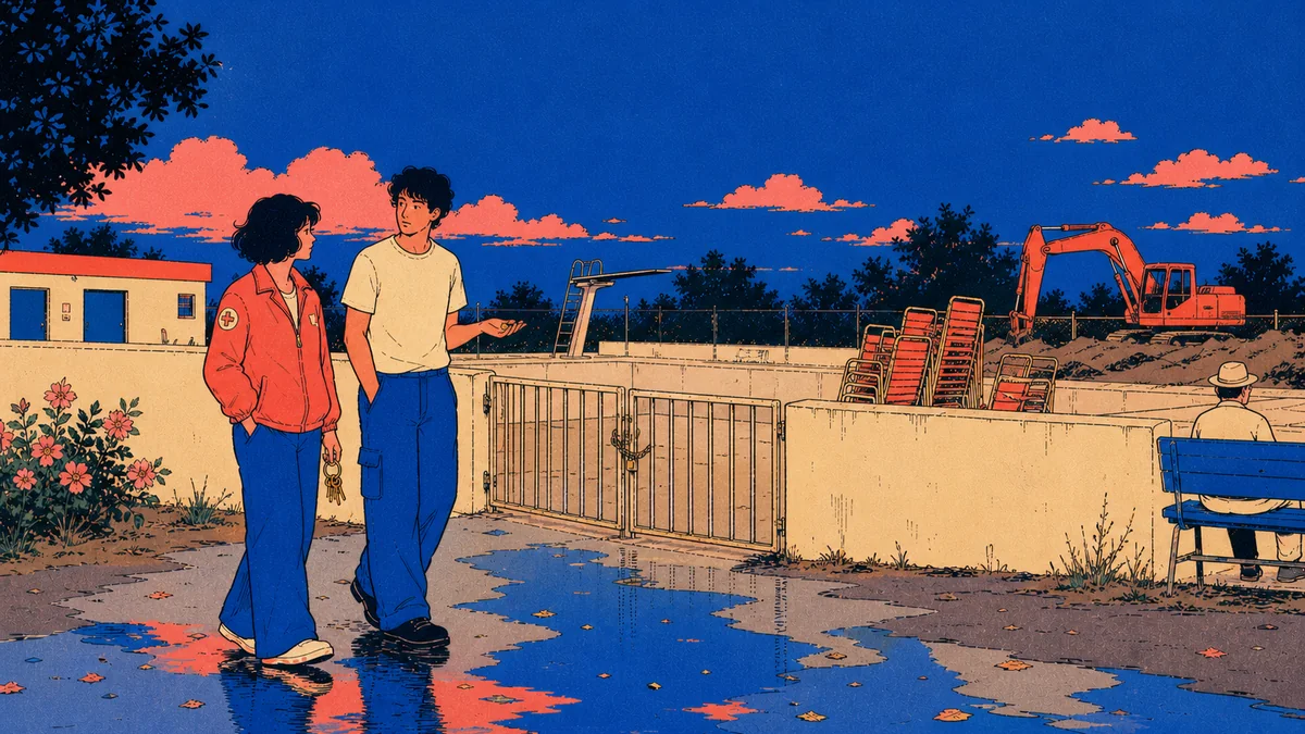 Two siblings walk past a locked pool gate after rain while one holds a brass ring and an excavator waits beyond the fence