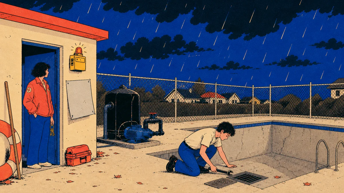 June stands by a pool office with keys while a warning light blinks, rain falls, and Eli works at a grate in the drained pool