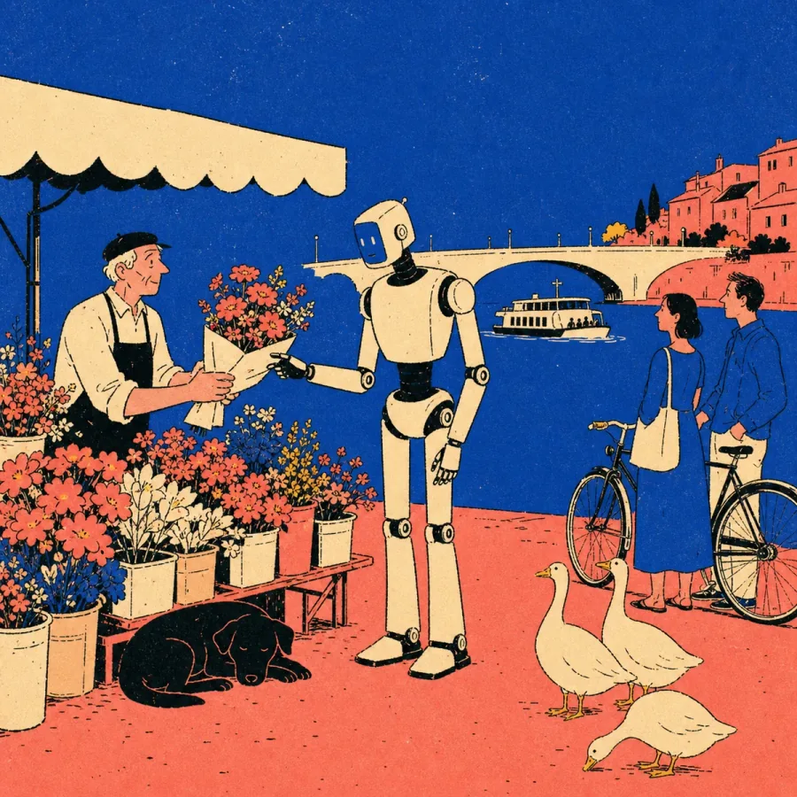 A tall robot buys a bouquet from a flower seller beside a river-city ferry landing