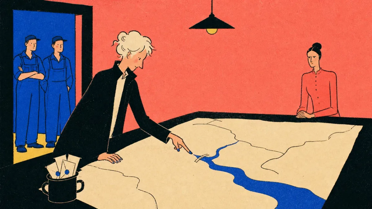 Orra points to a bridge mark on a linen map while a council clerk and two builders wait
