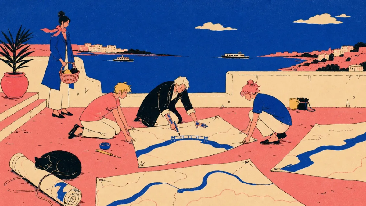 Orra redraws a crooked bridge on linen while two apprentices hold the map panels in a courtyard